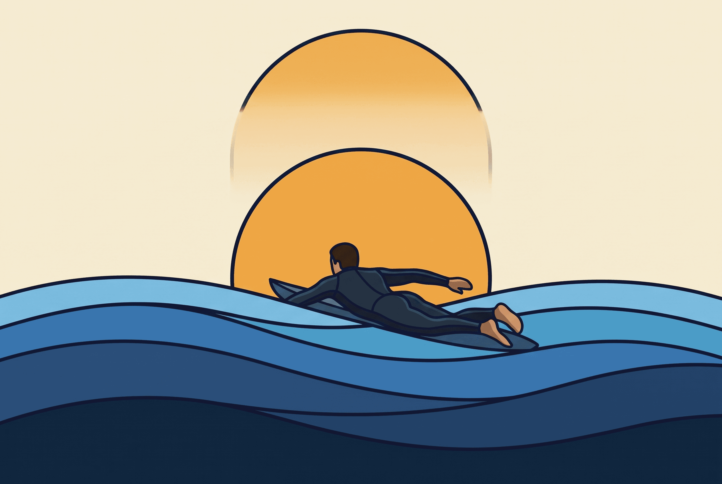Illustration of a surfer paddling out at dawn