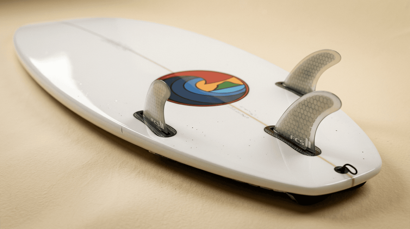Close-up of three fins fitted in a surfboard tail