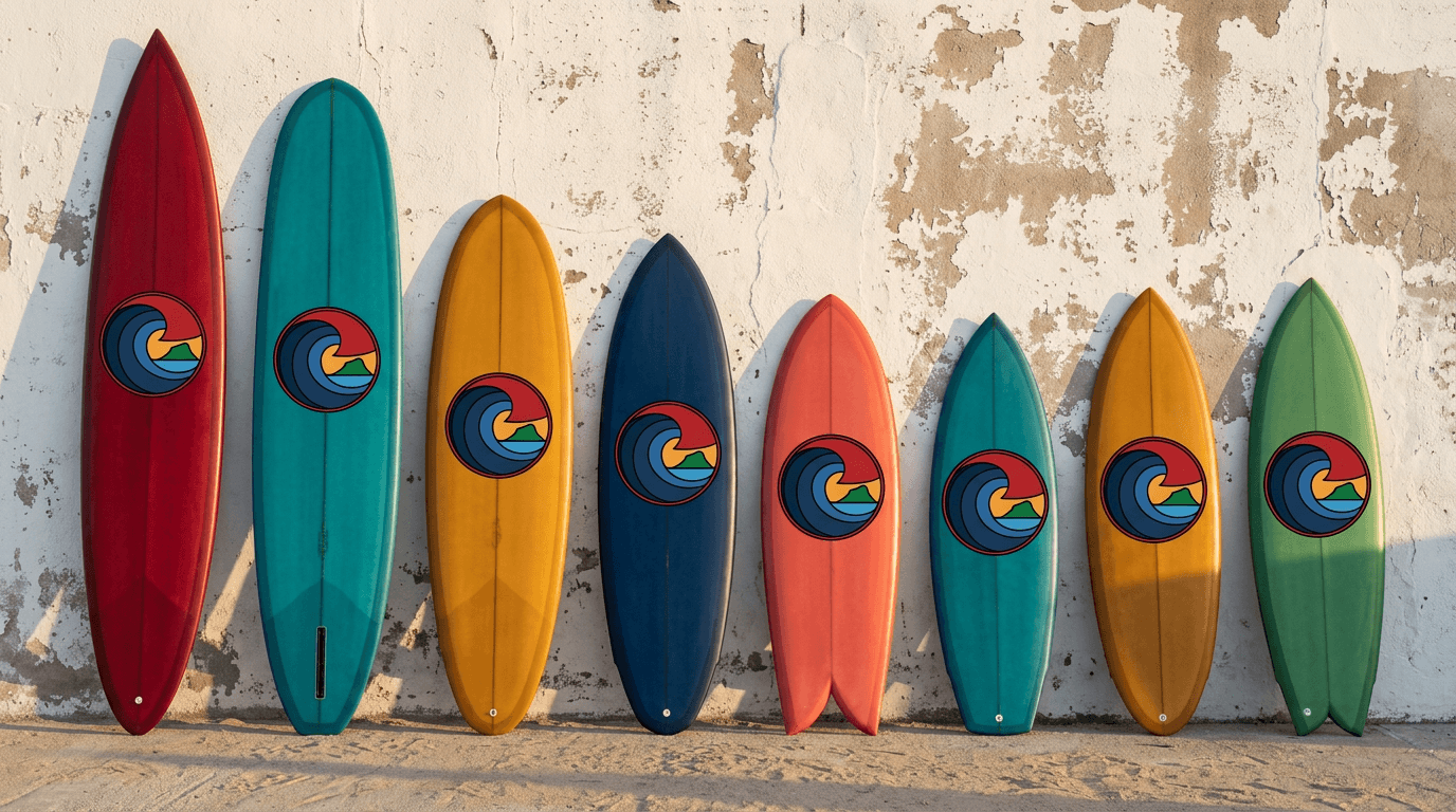 A quiver of eight surfboards of different shapes leaning against a wall